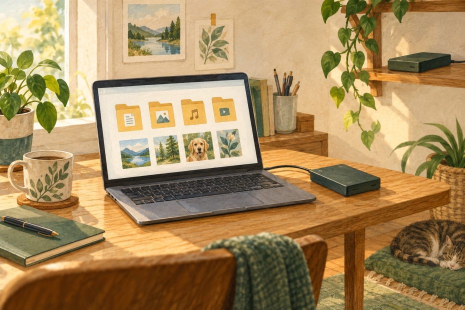 Illustration: Laptop mit persönlichen Dateien, externer Backup-Festplatte und einer getrennt abgelegten zweiten Festplatte.