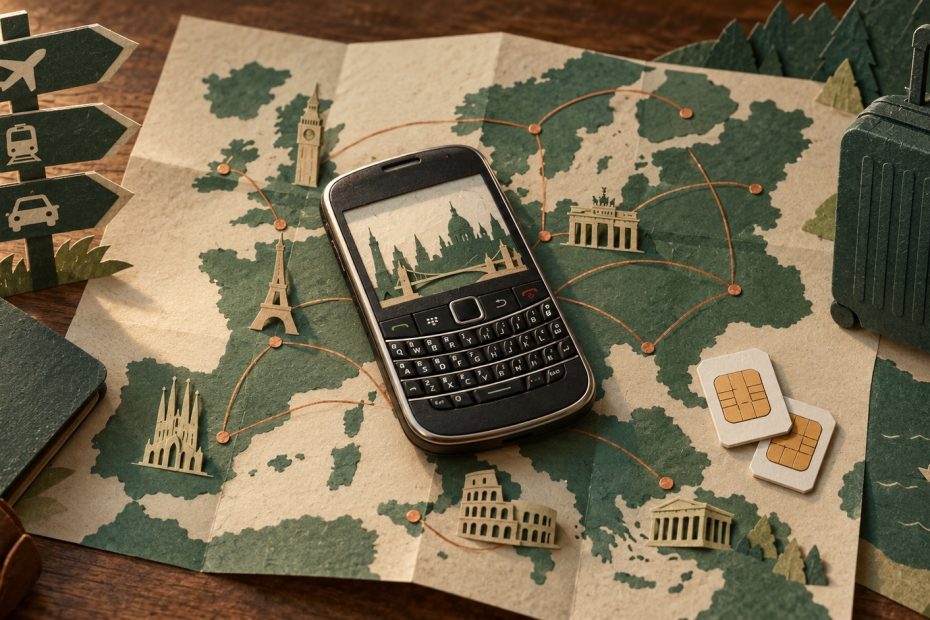 KI-generierte Symbolillustration: Smartphone mit physischer Tastatur auf einer Europakarte mit Reiserouten und SIM-Karten.