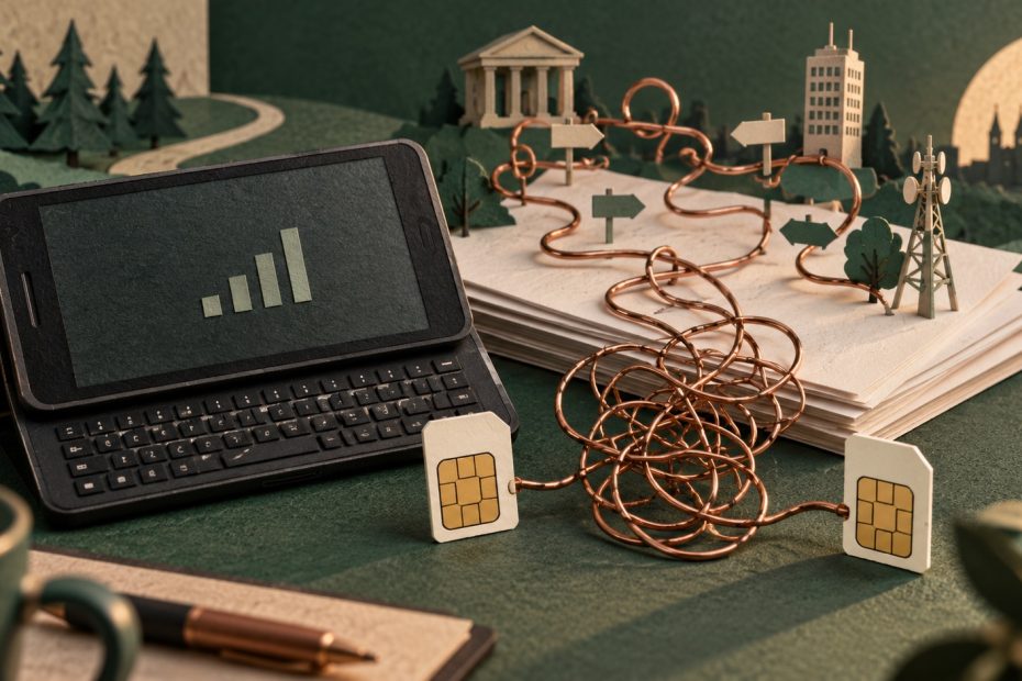KI-generierte Symbolillustration: Smartphone mit ausziehbarer Tastatur neben SIM-Karten, Vertragsunterlagen und einem verschlungenen Kupferdraht.