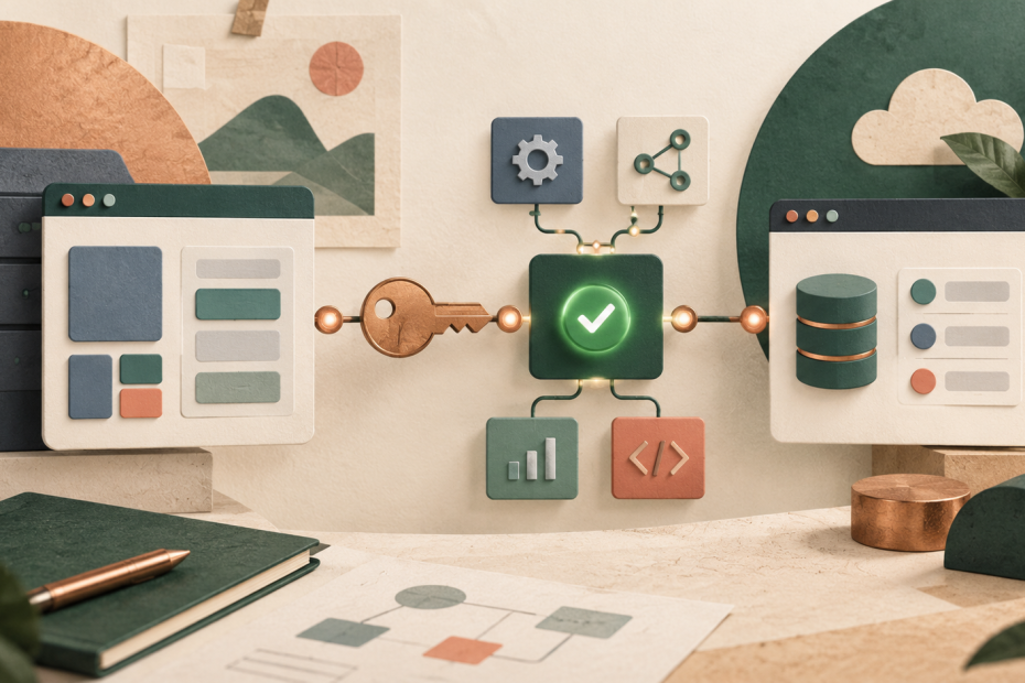 KI-generierte Symbolillustration: Abstrakte API-Knoten verbinden Browserkarten, Schlüssel und einen Test-Haken ohne echte Zugangsdaten.