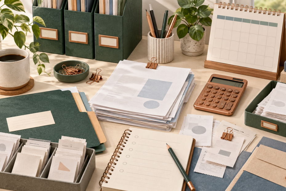 KI-generierte Symbolillustration: Geordnete Steuerordner, fiktive Belege, Taschenrechner und Kalender ohne persönliche Daten.