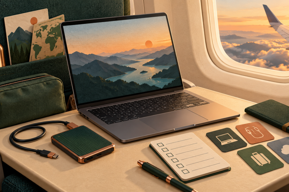 KI-generierte Symbolillustration: Laptop am Flugzeugfenster mit Backup-Laufwerk, Kabel und Werkzeugkarten.