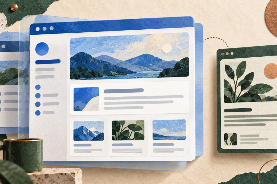 KI-generierte Symbolillustration: Blaue und weiße Browserkarten stehen neben einer eigenständigen grünen Blogkarte.