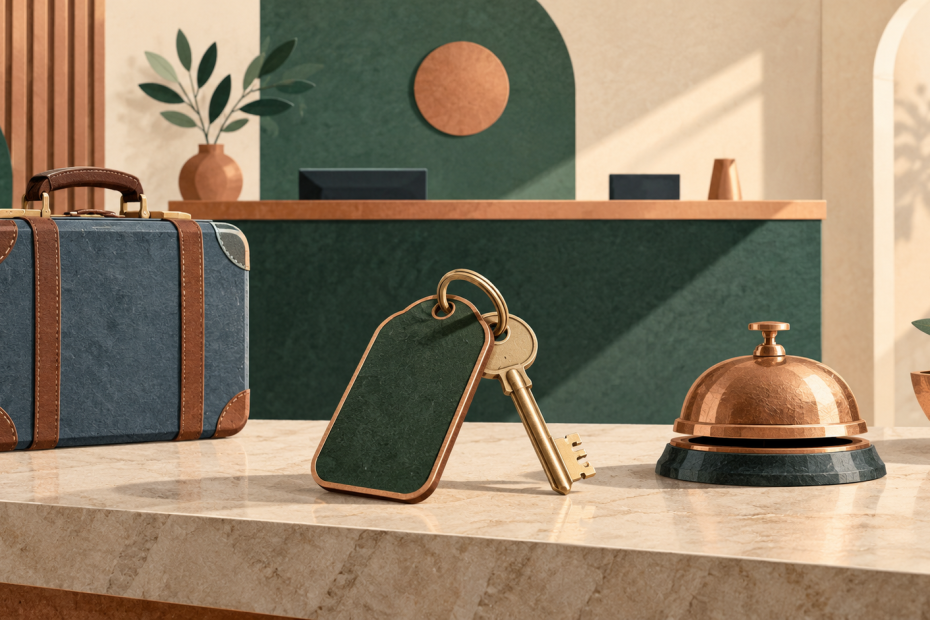 KI-generierte Symbolillustration: Hotelschlüssel, Koffer und Empfangsglocke an einem abstrakten Hotelrezeptionstresen; keine Fotografie des pentahotels Trier.