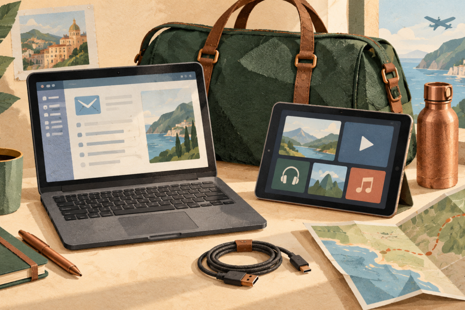 KI-generierte Symbolillustration: Leichter Laptop und Tablet liegen neben Reisetasche, Karte und Ladekabel.
