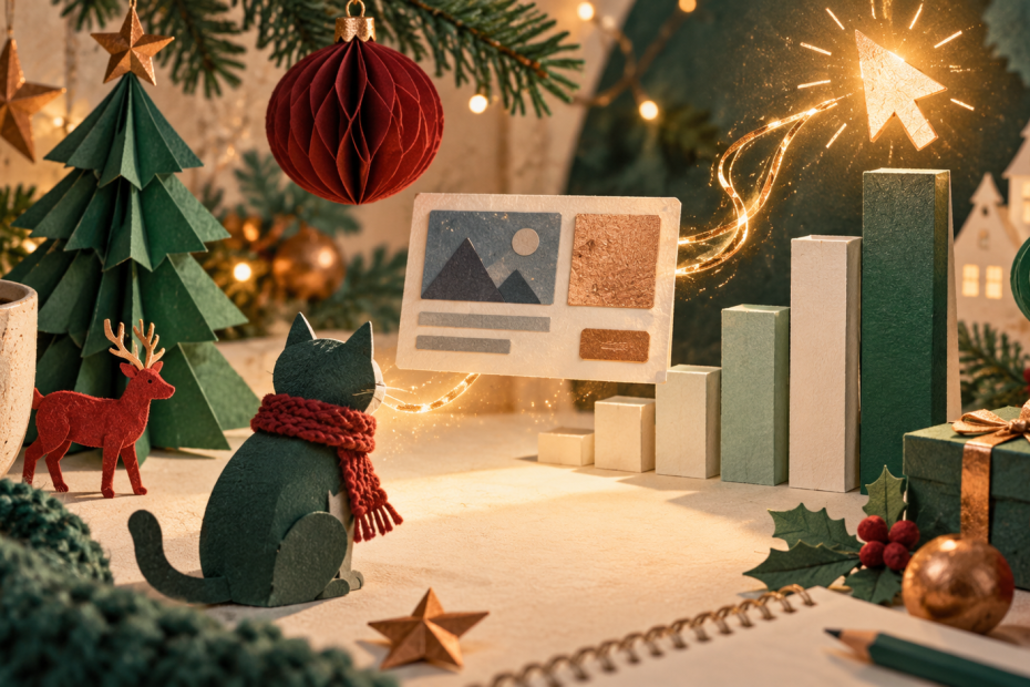 KI-generierte Symbolillustration: Weihnachtliche Papierdekoration, eine leere Anzeigenkarte und ein abstraktes Besucherdiagramm.