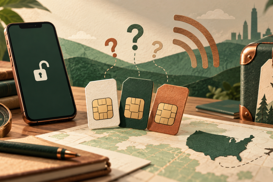 KI-generierte Symbolillustration: Drei unmarkierte SIM-Karten, entsperrtes Smartphone und US-Karte neben einem Reisekoffer.