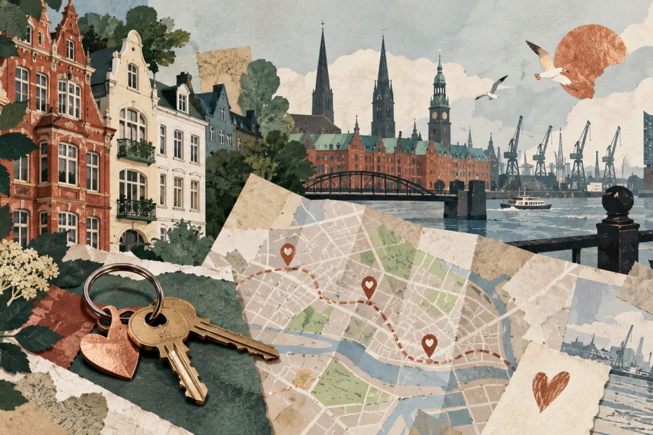 Stilisierte Hamburger Fassaden, Stadtkarte, Routenmarkierungen und ein Schlüsselbund in einer warmen Papiercollage.