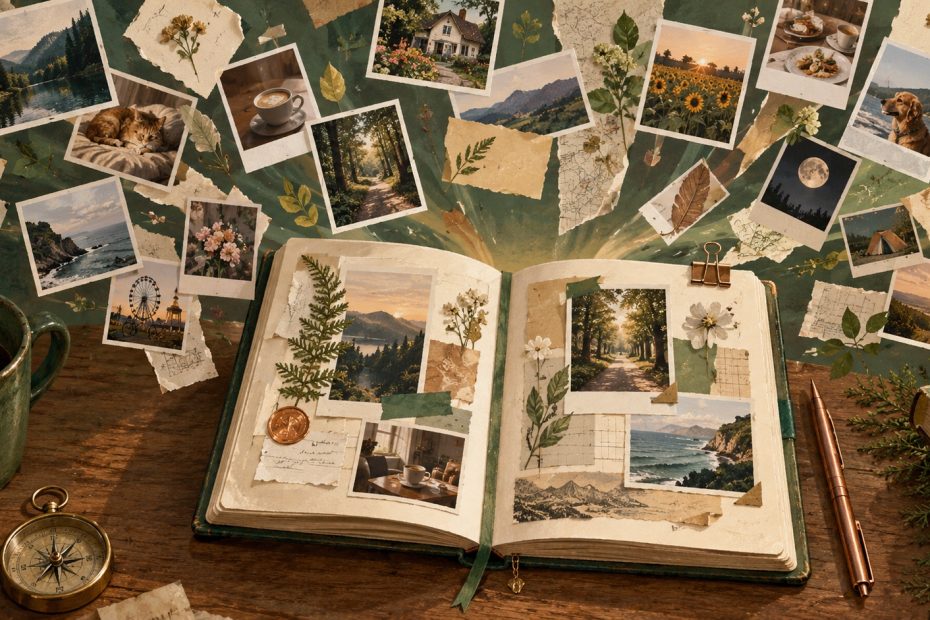 Viele kleine Fotos und Notizzettel fließen in ein gebundenes grünes Journal zusammen.