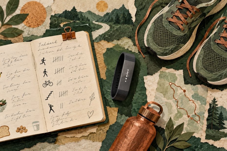 Illustrative Papiercollage mit Ernährungstagebuch, Aktivitätsmarkierungen, Laufschuhen und einem schlichten Aktivitätstracker.