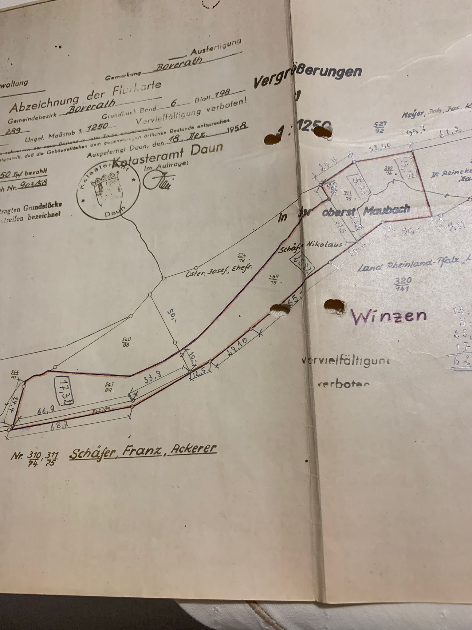 Historische Flurkarte von Boverath mit dem eingezeichneten Familienwald am Maubach.