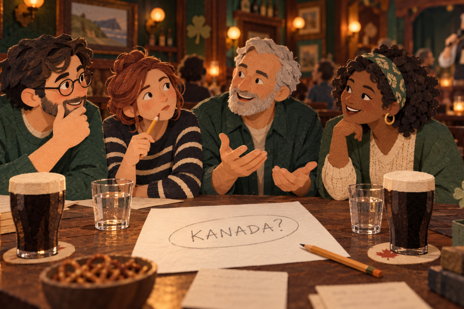 Vier Pubquiz-Gäste diskutieren am Tisch; vor ihnen liegt ein eingekreister Antwortzettel mit „KANADA?“ neben Stout und Wassergläsern.