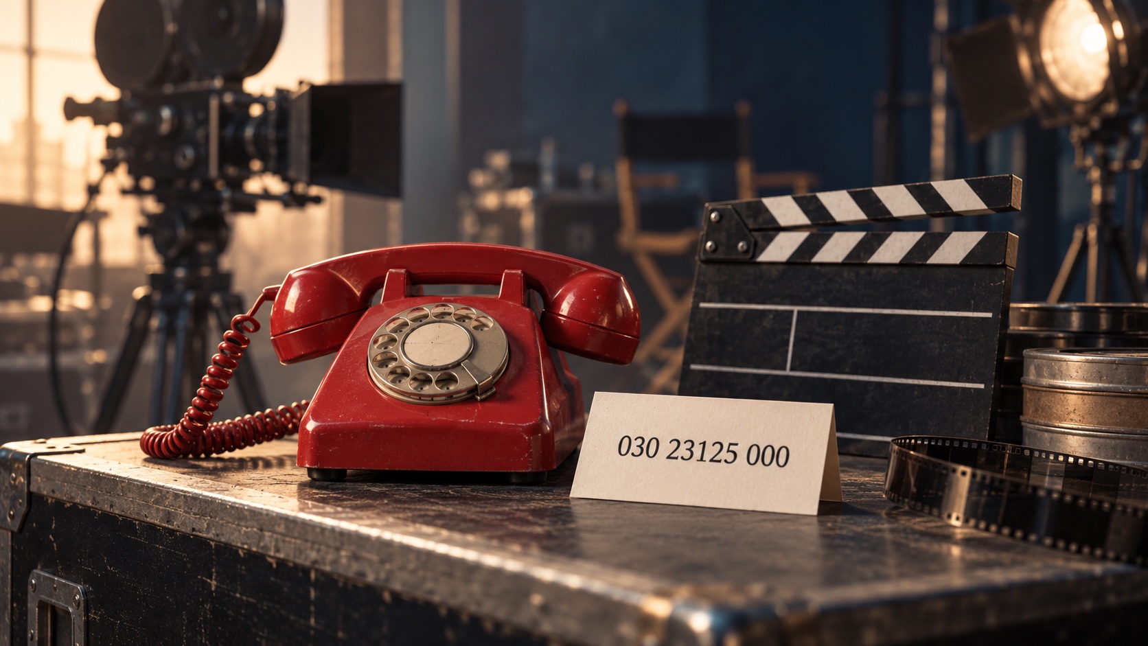 Rotes Telefon an einem Filmset neben einer Karte mit der reservierten Filmrufnummer 030 23125 000