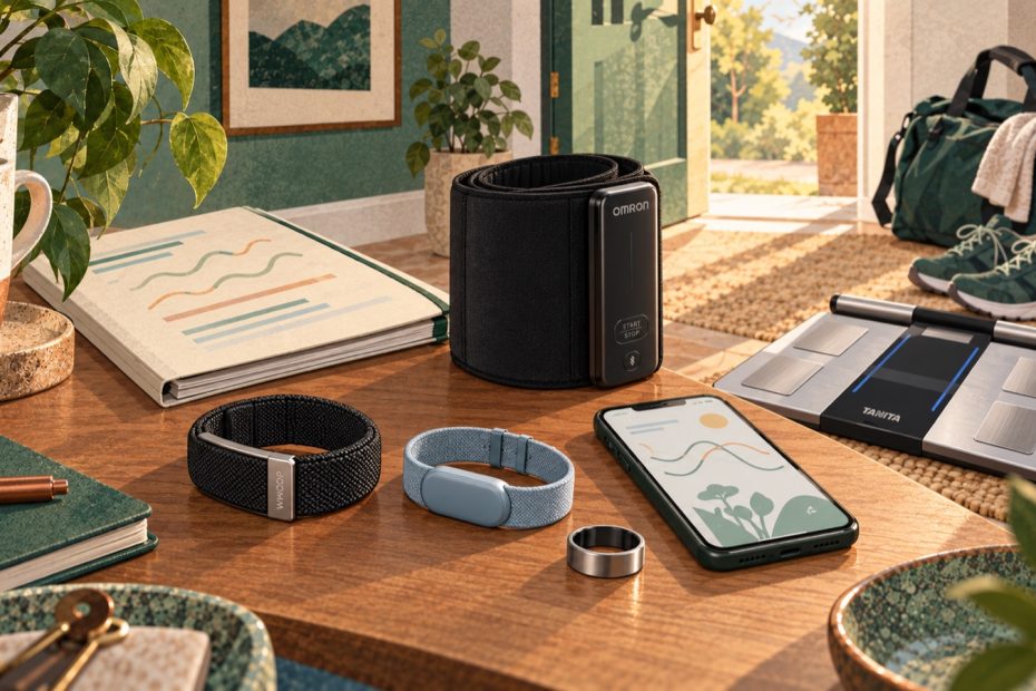 Symbolillustration: schwarzes WHOOP-MG-artiges Armband, displayloses Fitbit, Smart-Ring und Omron Evolv auf einem Tisch; daneben eine Tanita-Körperanalysewaage.