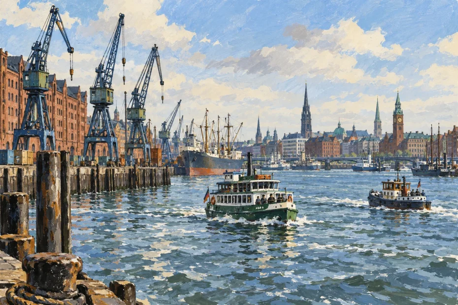 KI-Gouache-Illustration des Hamburger Hafens mit Kränen, historischen Speichergebäuden und Hafenfähren.