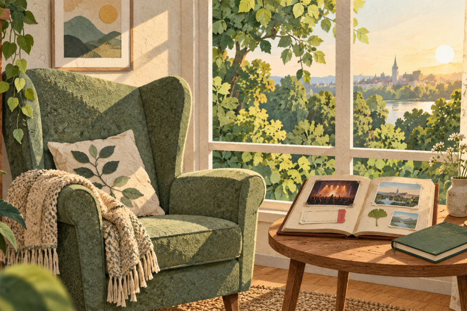 Illustration eines gemütlichen Sessels am Fenster mit Blick ins Grüne, daneben ein Erinnerungsalbum mit Konzertkarten und ein Sparbuch.