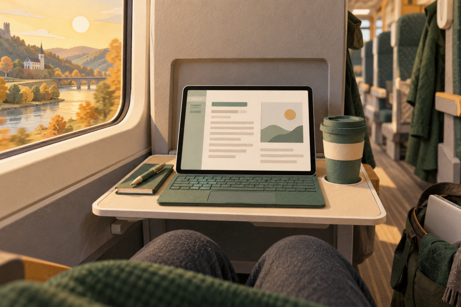 Ein Tablet in einer Tastaturhülle steht auf der kleinen Ablage eines Bahnsitzes; der größere Laptop bleibt in der Reisetasche.