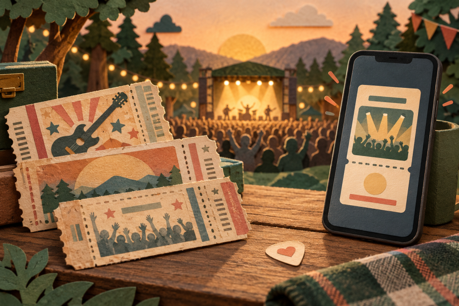Alte Konzertkarten und ein Handyticket vor einer leuchtenden Bühne und jubelndem Publikum, als warme Papierillustration.