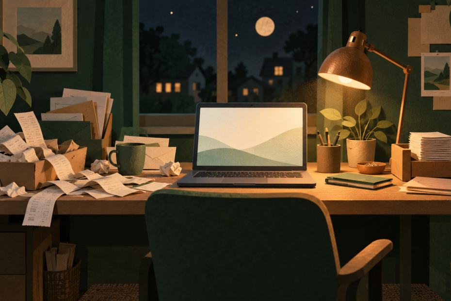 Nächtlicher Schreibtisch mit leuchtendem Laptop, unsortierten Belegen links und geordneten Papierstapeln rechts, als warme Papierillustration.