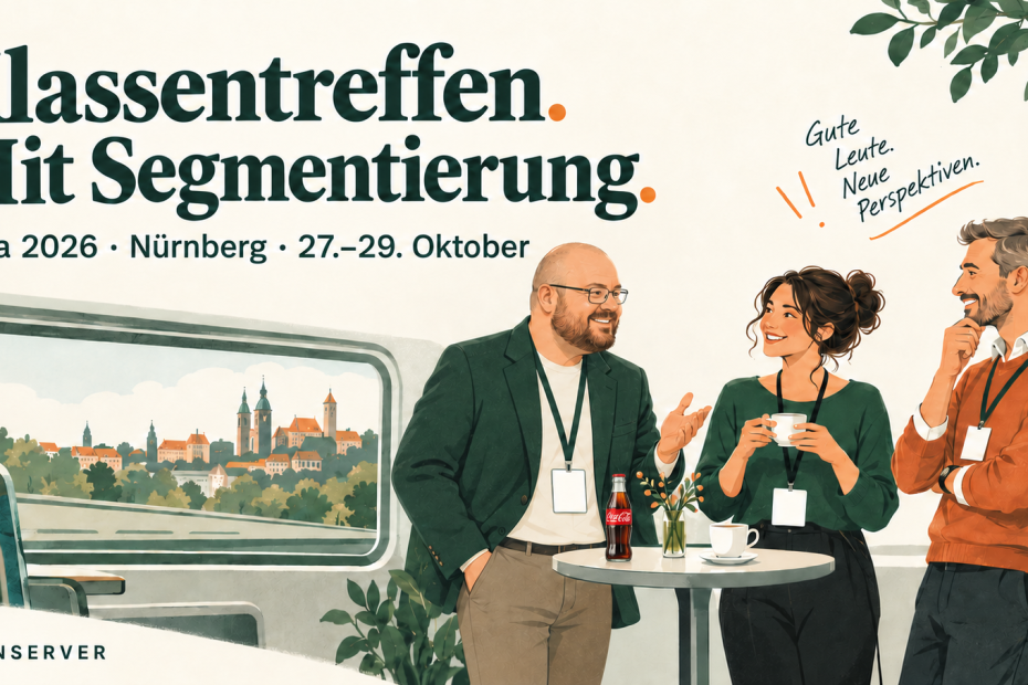 Illustration zur it-sa 2026: Christian Krakau-Louis im Gespräch mit zwei Messebesuchern, vor ihm eine kleine Cola-Flasche. Überschrift: Klassentreffen. Mit Segmentierung.