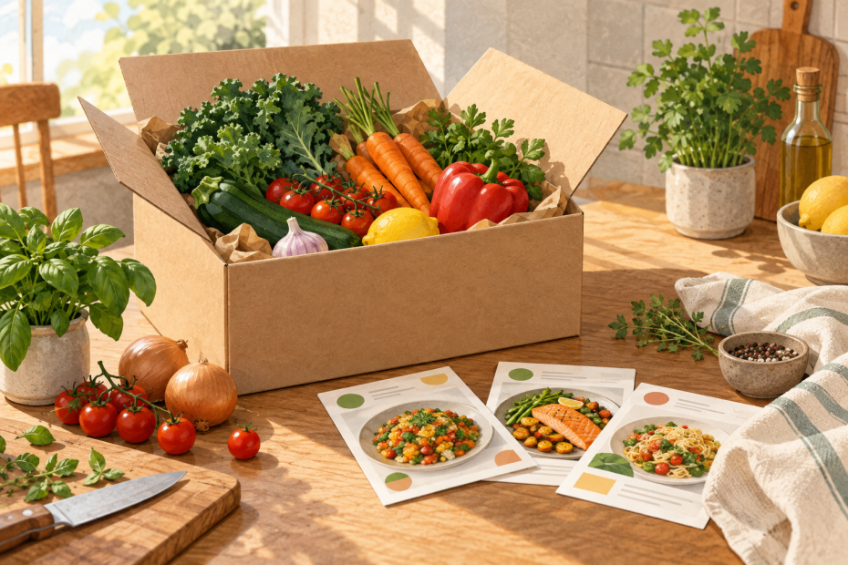 KI-Illustration einer Kochbox mit Gemüse, Kräutern und Rezeptkarten auf einem Küchentisch.