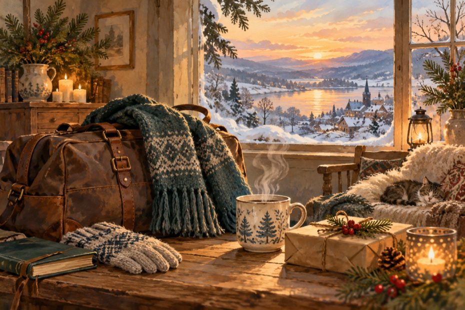 Ruhige Feiertagsszene mit Reisetasche, Tasse und warmem Fensterlicht zwischen den Jahren.