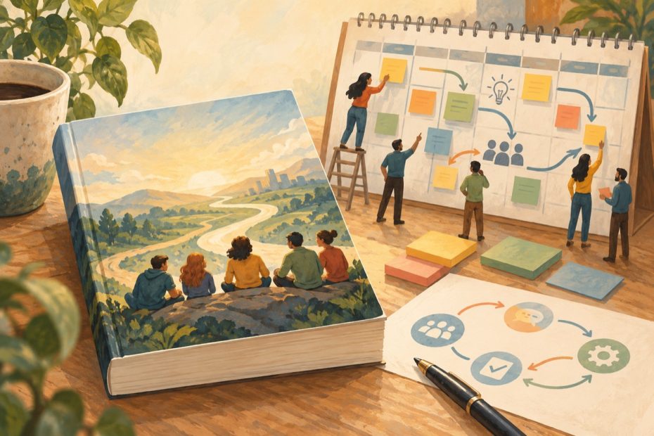 Ein Roman über Projektmanagement liegt neben Notizbuch, Kalender und kleinen Teamfiguren auf einem Schreibtisch.