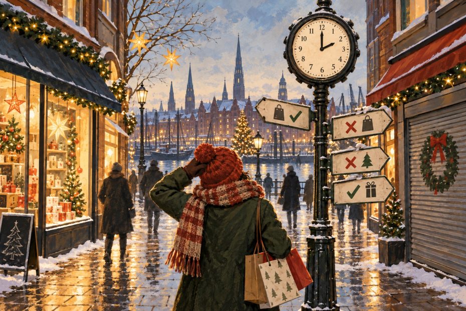 Hamburger Winterstadt mit Backsteinspeichern und Uhrzeit 14 Uhr
