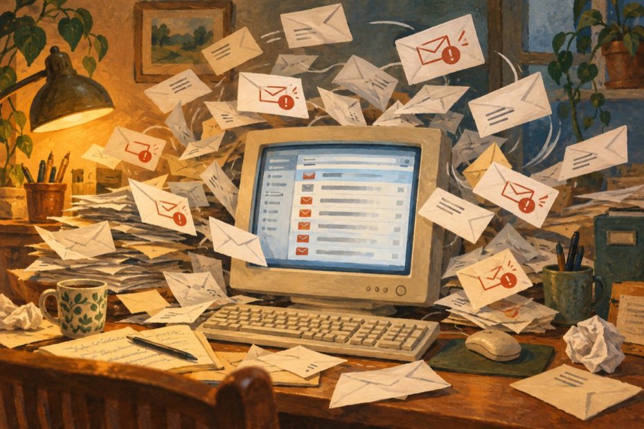 Überquellendes E-Mail-Postfach an einem Röhrenmonitor mit anonymen Rückläufern und Briefumschlägen.