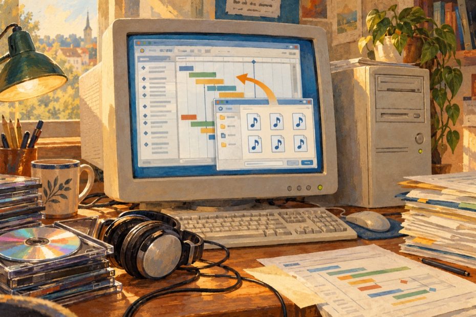 Projektzeitplan und Musikdateien treffen auf einem alten Computerbildschirm aufeinander.