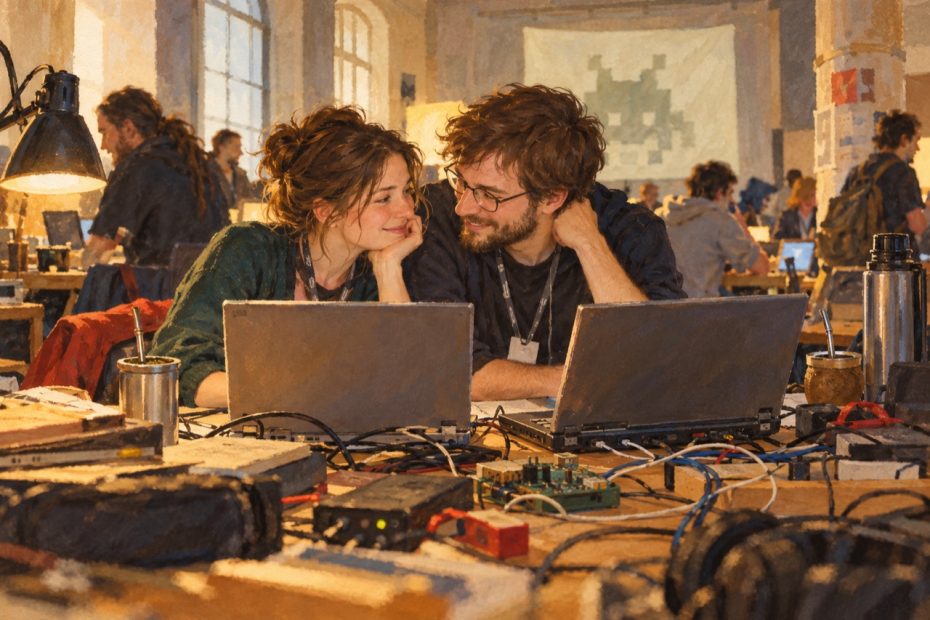 Zwei erwachsene Kongressbesucher arbeiten vertraut an Laptops in einer freundlichen Hackcenter-Atmosphäre.