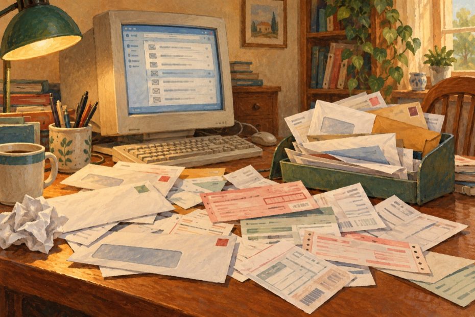 Unsortierte Briefe und Überweisungsscheine am Röhrencomputer symbolisieren eine verwirrende Catch-all-Mailbox.
