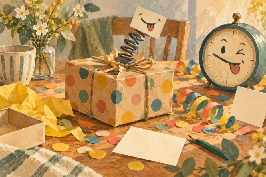 Ein aufspringendes Geschenk, Konfetti und leere Karten versinnbildlichen einen verspielten Aprilscherz.
