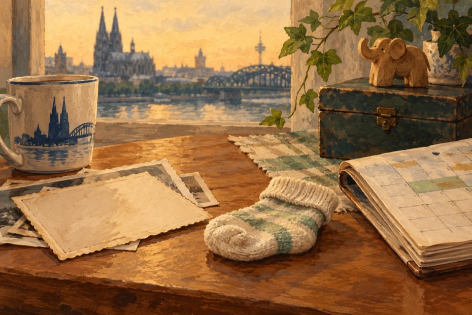 Symbolisches Stillleben mit Babysocke, altem Klassenfoto und Kalender als Zeichen des Älterwerdens.