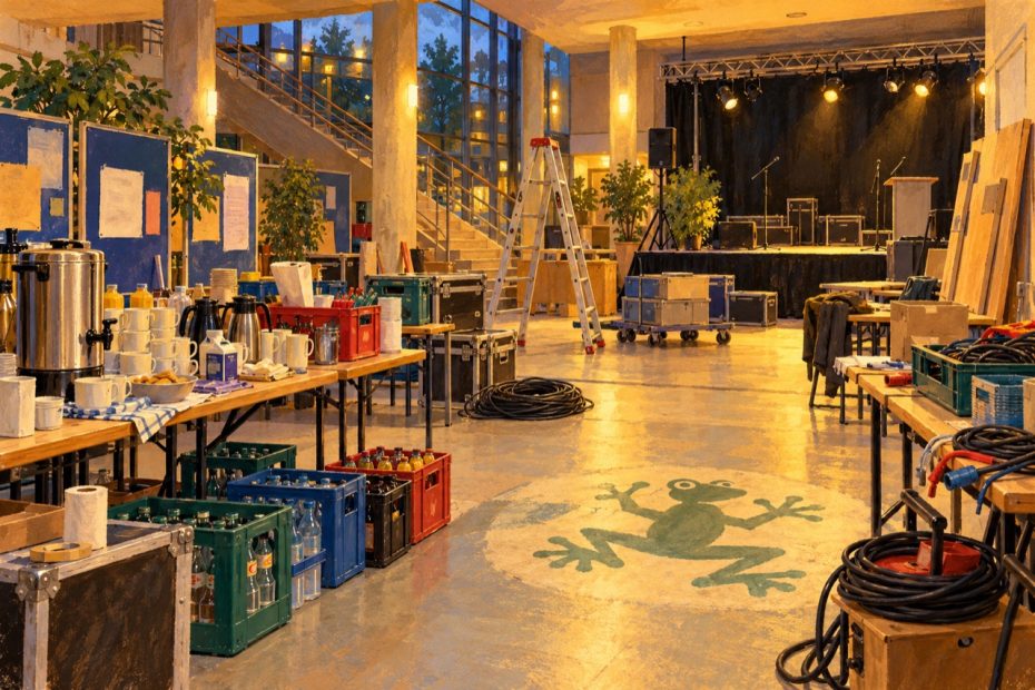 Gouache-Illustration eines ehrenamtlich aufgebauten Technik-Events mit Leiter, Kabeln, Bühne und Froschschablone.