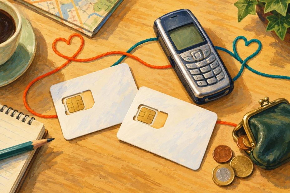 Zwei SIM-Kartenhalter, ein 2006er Mobiltelefon und ineinanderlaufende Beziehungsfäden als Nummern-Stillleben.