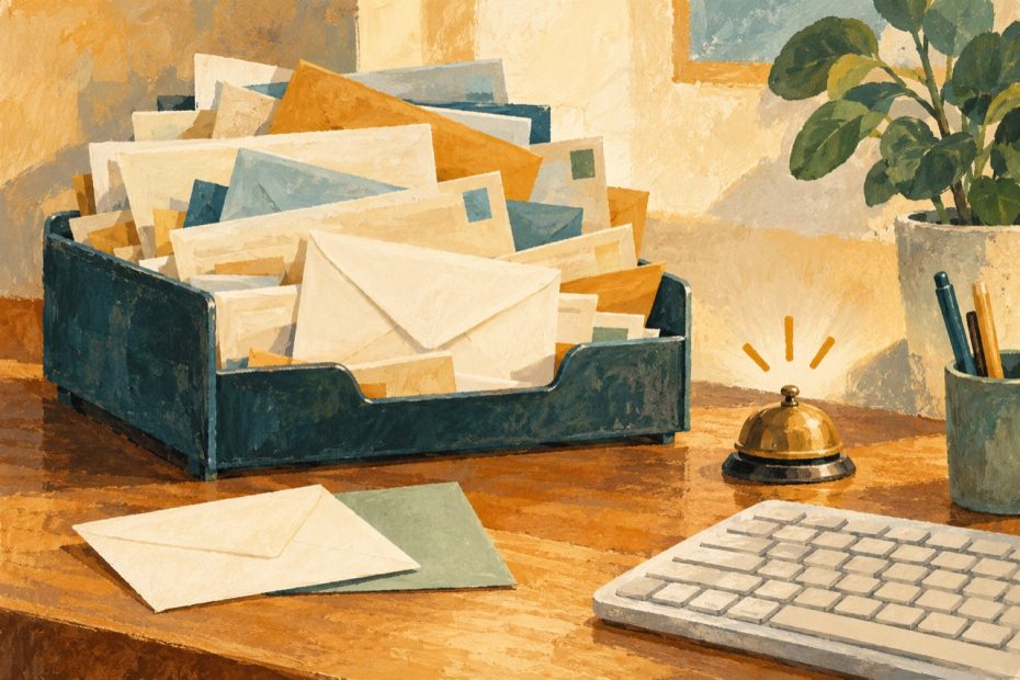 Ein überquellender Postkorb mit Umschlägen, Klingel und Tastatur symbolisiert den Zugriff auf den E-Mail-Posteingang.