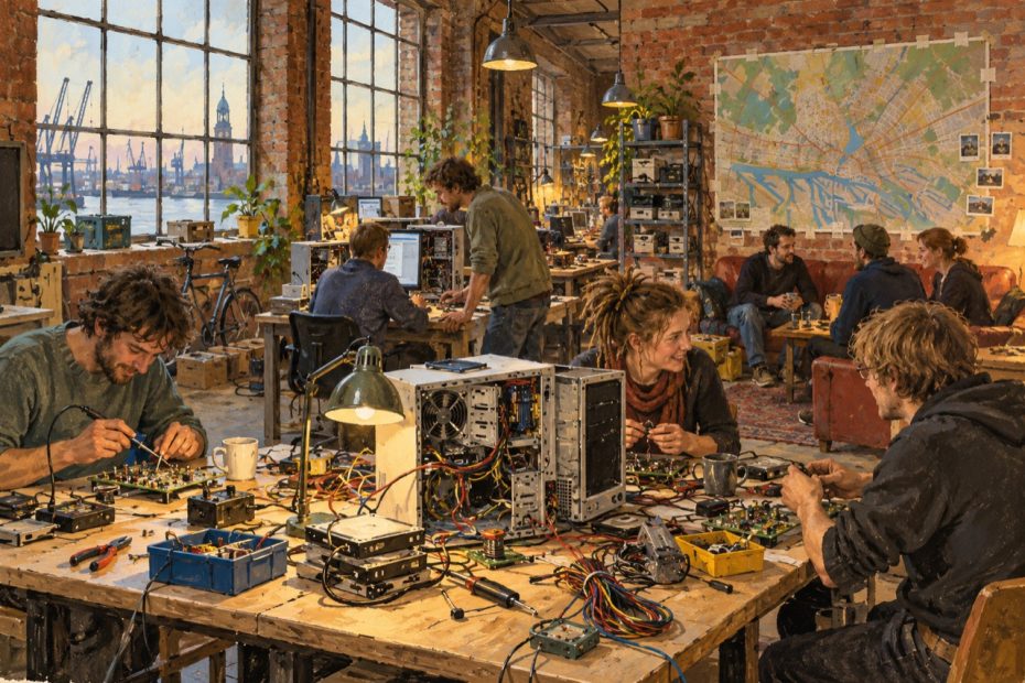 Improvisierter Hamburger Hackerspace mit Werkbänken, Rechnern und Elektronik.