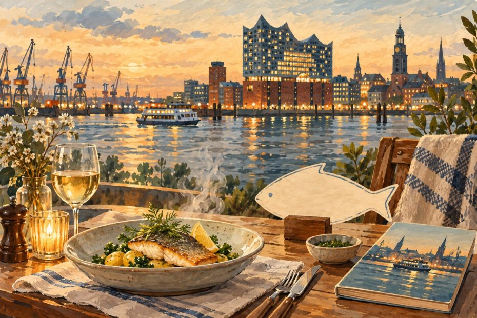 Hamburger Hafen, Fischgericht, Flusslichter und kulinarische Notizen.
