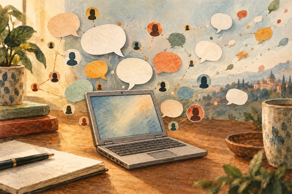 Vernetzte leere Sprechblasen und kleiner Laptop aus der Web-2.0-Zeit
