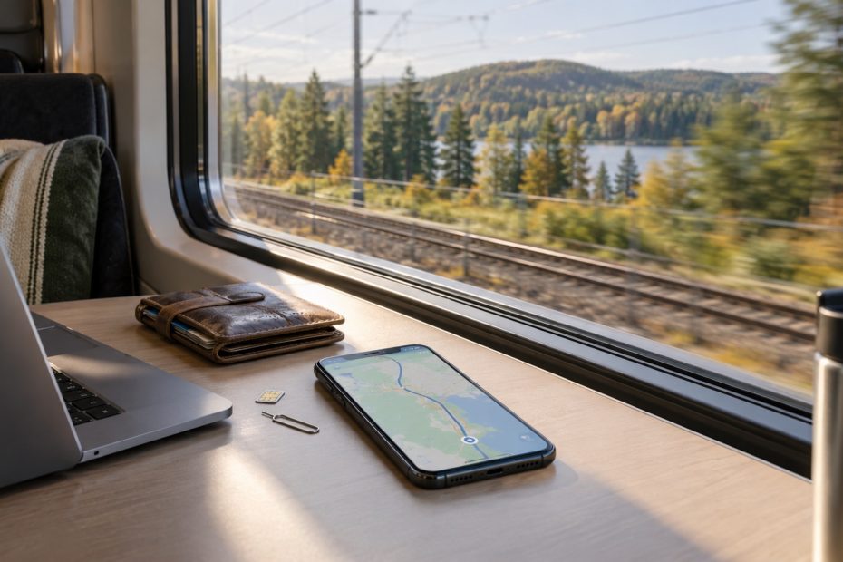 Smartphone mit Navigationskarte, Laptop und alte SIM-Karte auf einem Tisch am Zugfenster.