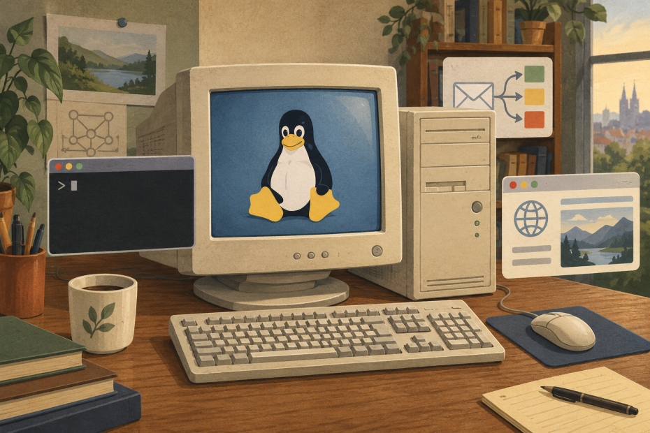 KI-Illustration eines älteren Computers mit Pinguin, Terminal sowie E-Mail- und Browser-Symbolen.