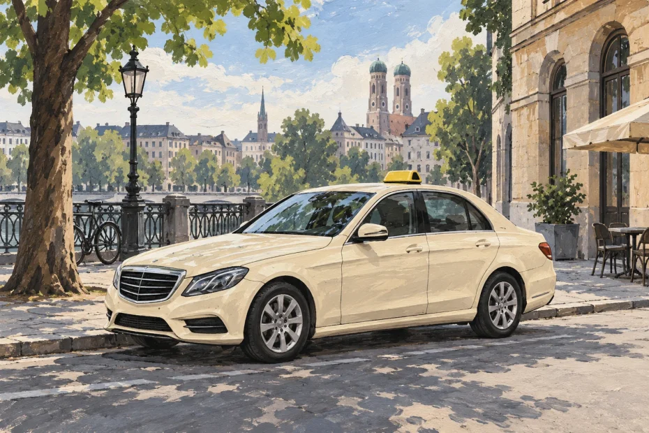 KI-Gouache-Illustration eines neutralen cremefarbenen deutschen Taxis vor einer Stadtansicht.